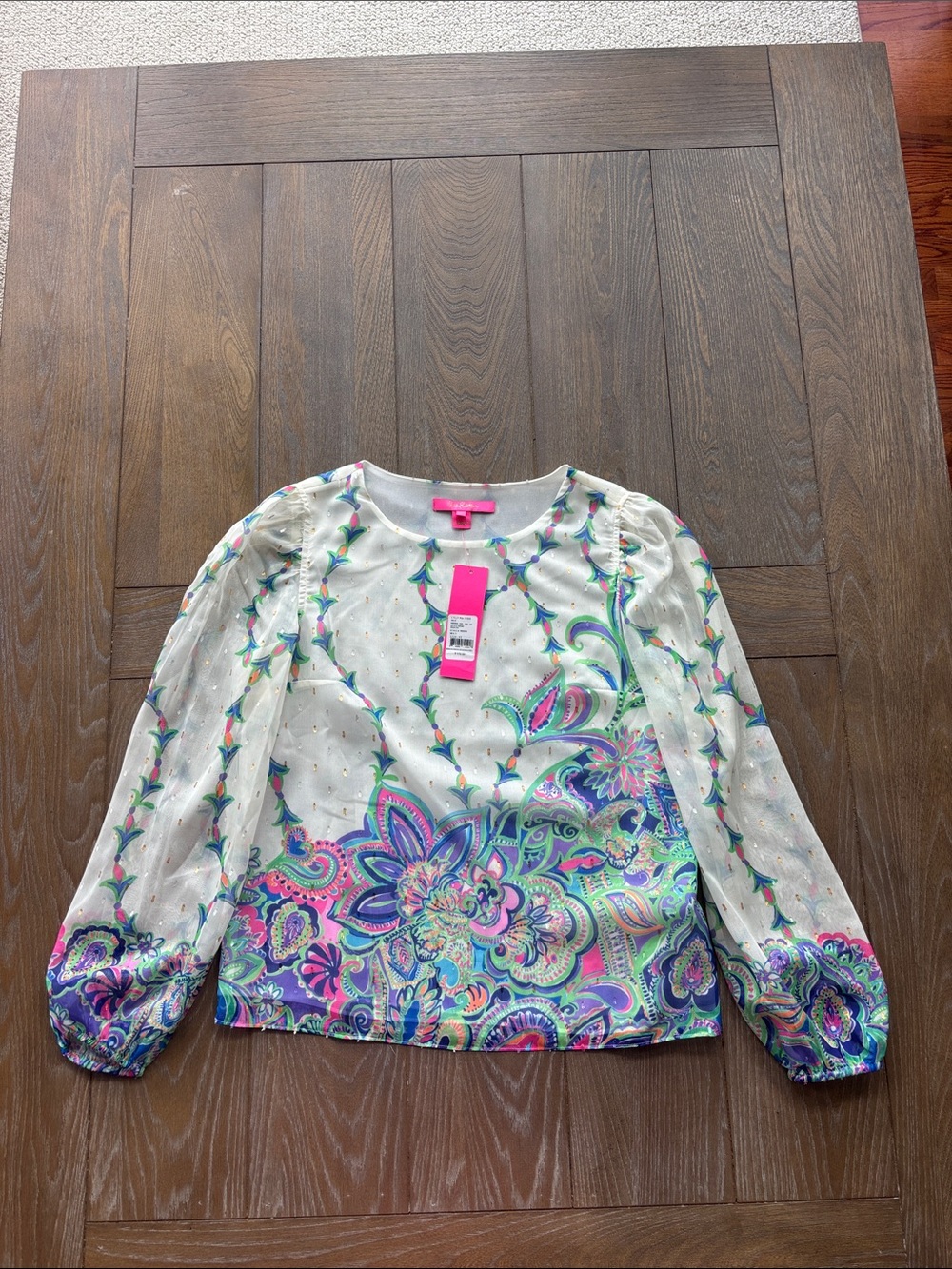 Lilly Pulitzer White Blouse with Pink, Purple, Green Floral Print